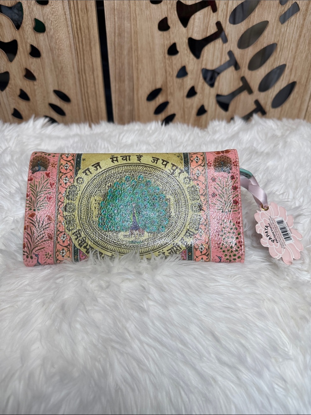 Papaya Pink & Gold Hand-Painted Peacock Wristlet - Picture 7 of 9